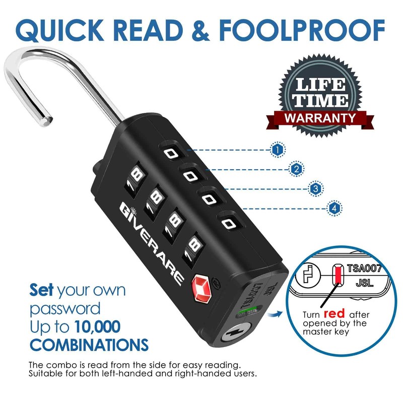 4 Pack TSA Approved Travel Luggage Locks 4-Digit, Open Alert