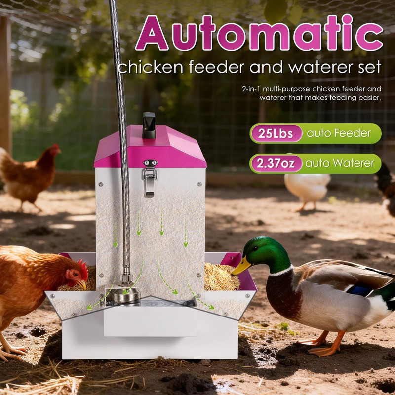 25Lb Metal Chicken Feeder and Waterer Set Automatic No Waste