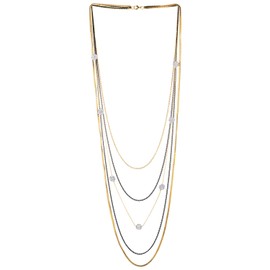 COOLSTEELANDBEYOND Gold Black Layered Chain Necklace, Long Waterfall Chains Multi-Strand with Rhinestones Balls, Party