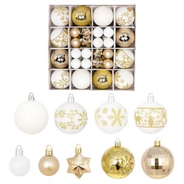 KUUFADY 44 Pcs Christmas Balls Ornaments Set, Shatterproof Baubles, Stars and Hanging Decorations for Tree, Porch, Party,White and Gold (Gold and White)