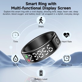 Smart Ring with Display - Fitness Tracker, Heart Rate Monitor, Sleep Tracker, Step Counter, Gesture Control for TikTok & Camera - IP68 Waterproof, Extended Battery Life Black #08