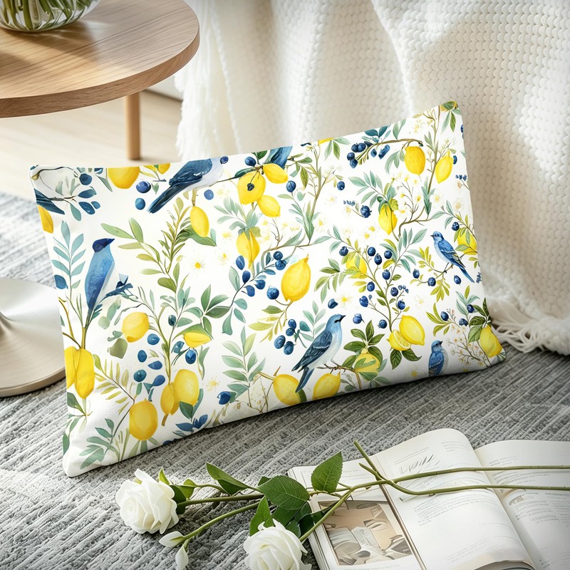 Qykwz Farmhouse Lemon Blue Bird Lumbar Pillow Cover 12x20