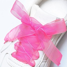 Booyckiy 2 Pair Flat Snow Yarn Shoe laces for Sneaker 2cm Wide Satin Ribbon ShoeLaces for Women Girls, Hot Pink 47inch(120cm)