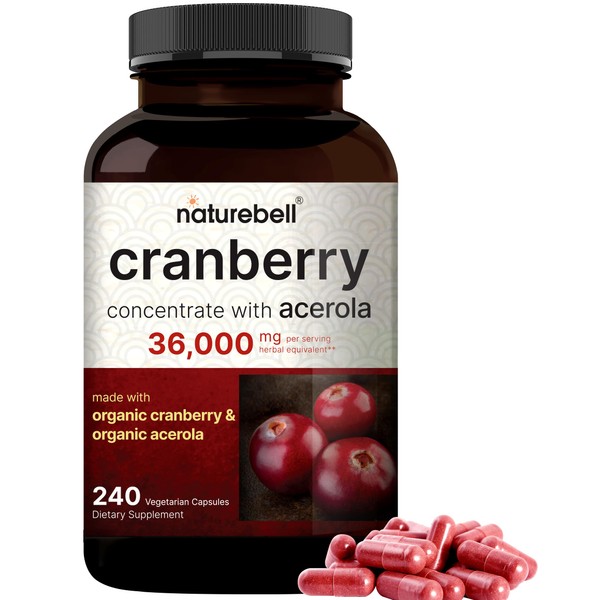 NatureBell Cranberry Pills 36,000mg with Acerola, 240 Veggie Capsules | 100:1 Fresh Cranberries Extract – Made with Organic Ingredients – Supports Urinary Tract Health – Sugar Free