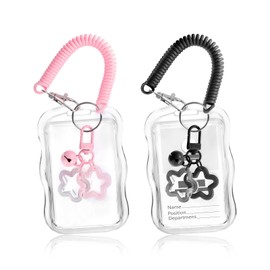 Yitexin 2 Pieces Photocard Holder Keychain with Spring, Bell Star Wave Photo Card Holder, Cute ID Card Protector Transparent Creative Protective Sleeves for Bag Backpack Pockets Bus Pass (Pink, Black)