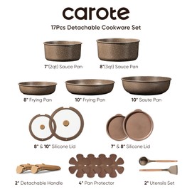 CAROTE 17PCS Pots and Pans Set Non Stick with Detachable Handle, Nonstick Cookware Sets, Cooking Kitchen Set, Oven/Dishwasher Safe, Induction Cookware, Brown, RV Kitchen Pot and Pan