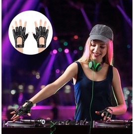 Newellsail 2 Pairs Punk Gloves Fingerless Women PU Leather Half Finger Gloves with Studs for Cosplay, Performance, Dance, Driving, Cycling, One Size (Black), black