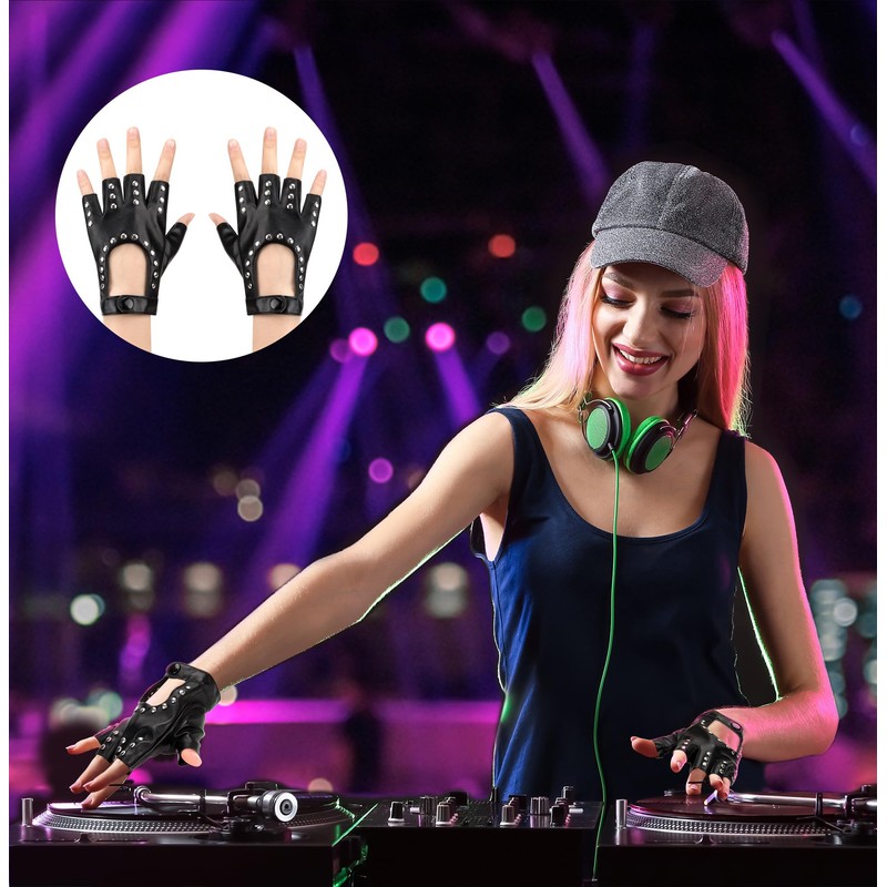 Newellsail 2 Pairs Punk Gloves Fingerless Women PU Leather Half
