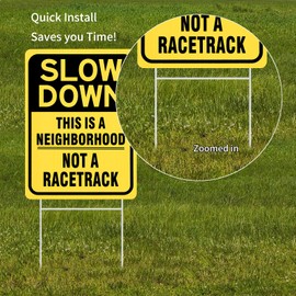 Slow Down Sign With Metal Stake 2Pack, This is a Neighborhood, Not a Racetrack Sign, 16" x 12" Corrugated Plastic Double Sided Yard Sign, Child Safety Caution Signs for Street, Lawn Neighborhoods