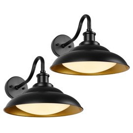 Goosebrite LED Outdoor Barn Lights, 12 Inch Farmhouse Exterior Wall Light Fixtures with Adjustable Color Temperature, Black Porch Lights Outside for House, Outdoor & Indoor, Gold Interior, 2 Pack