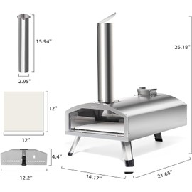 12” Portable Wood Fired Pizza Oven - Stainless Steel Pellet Pizza Stove for Outdoor Cooking, Backyard & Camping
