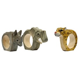 Set of 3 Napkin Rings, Animals of Africa: Lion, Zebra, Giraffe Hand-Carved and Hand-Painted Wood, approx. 9 x 7 x 2 cm