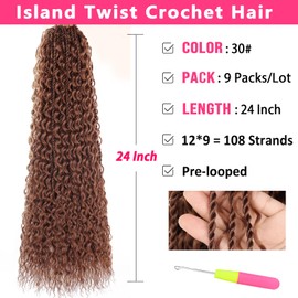 RuiYok 24 Inch Boho Island Twist Hair with Curls 9 Packs Brown Senegalese Twist Crochet Braids with Curly Ends Pre Looped Bohemian Soft Twist Braids for Black Women Long Braiding Hair Extensions 30#