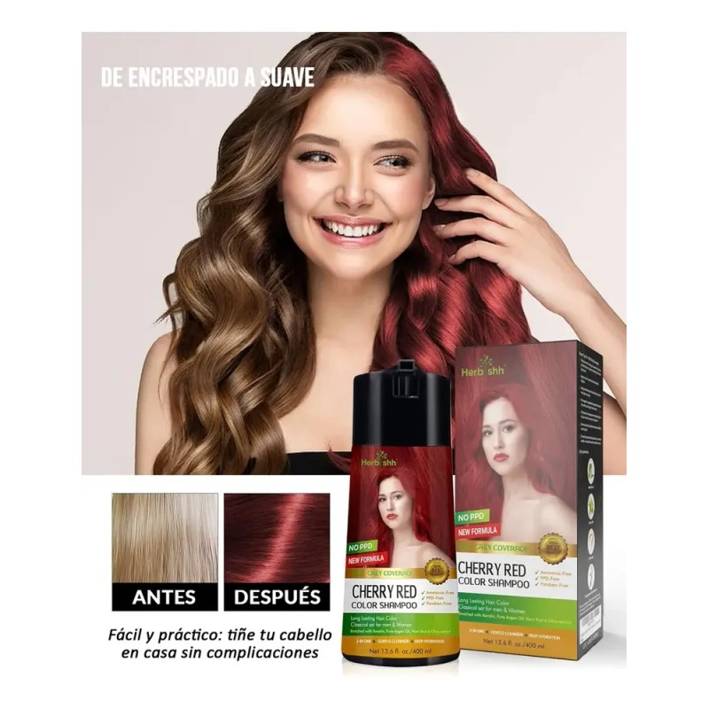 Shampoo Tinte Cubre Canas Rojo Cereza Herbishh 400ml