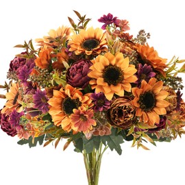 GTIDEA 4 Bundles Fall Flowers Bouquet Vintage Artificial Flowers Fake Sunflowers with Silk Peonies Orange Autumn Flowers for Home Table Centerpieces Wedding Party Decor