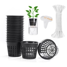 ORIMERC 25 Pack 3 inch Net Cup Pot with 25 feet Hydroponic Self Watering Wick & 25 Pcs Plant Label Aquaponics Mason Jar Insert Orchid Rimmed Netted Basket Slotted Mesh Garden kratky Growing Vegetable