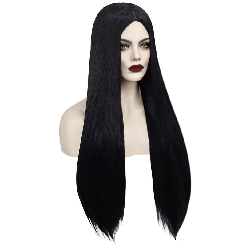 ANOGOL Long Black Wig Middle Part Witch Vampire Cosplay Goth