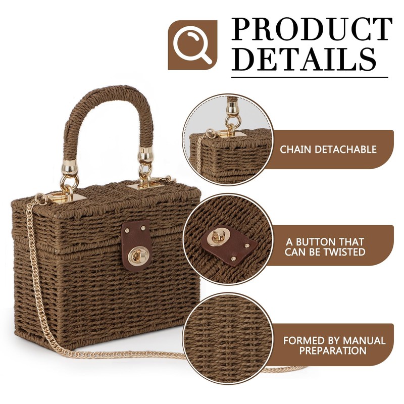 Fecialy Women Handwoven Rattan Handbag Beach Straw Tote Bag Square