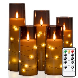 Raycare Flameless LED Candles with Embedded Star String, 5 Pcs Battery Operated Acrylic Pillar Candles with Timer and Remote, Flickering Candles for Romantic Ambiance and Home Decoration(Grey)