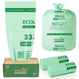 ECOLipak 33 Gallon Compostable Trash Garbage Bags, 50 Count (2 Rolls) Biodegradable Heavy Duty Large Outdoor Trash Bags for Lawn/Yard, US BPI ASTM D6400 and OK Compost Home Certified