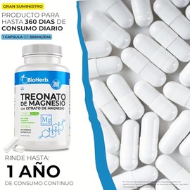BioHerb® | L-Treonato de Magnesio + Citrato de Magnesio Al 12% Mag Elemental de Maxima Absorcion con 360 Cápsulas (Para 360 Días) Memoria, Enfoque y C