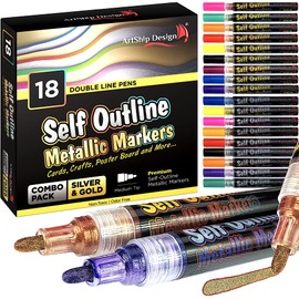 ArtShip Design 18 Gold & Silver Self Outline Metallic Shimmer Paint Pen Combo Pack Extra Large Barrels Permanent Double Line Markers Journal Pens, Scrap Booking, Cards, DIY Crafts, Posters, Cards
