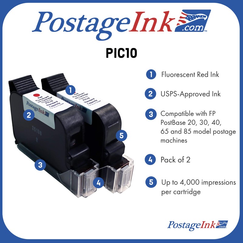 PostageInk.com PIC10 Ink Cartridge Replacement for FP PostBase 58.0052.3038.00 (Set