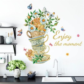 Vintage Teacups Daisy Butterfly Wall Stickers, sacinora Cups Oil Painting Wall Decals Removable Vinyl Peel and Stick for Kitchen Dining Room Living Room Bedroom Art Home Decorations