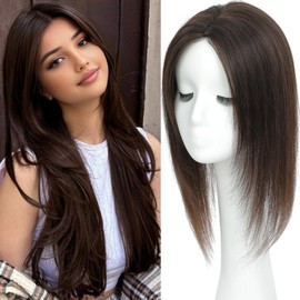 Hair Toppers for Women Real Human Hair, 360°3D Topper for Women with Thinning Crown Middle Clip in Bangs Breathable Hand Tied Craft Big Coverage Hairpieces (Mocha, 14 Inch-3D-Side)