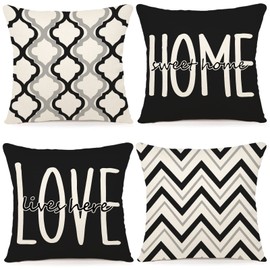 YCOLL Cushion Covers, Set of 4, Linen, Decorative, Geometric Pattern, Cushion Covers for Sofa, Bedroom, Couch, Outdoor Cushions, 40 x 40 cm, Black