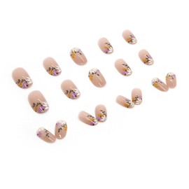 Flower Press on Nails Short Oval Fake Nails Floral False Nails with Design Leaf Spring Glossy Full Cover Acrylic Glue on Nails Artificial Stick on Nails for Women Manicure 24Pcs