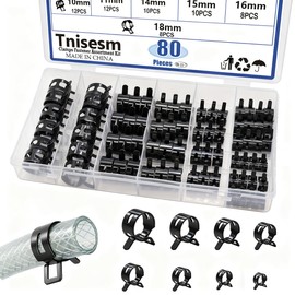 Tnisesm 80Pcs Spring Band Hose Clamps Assortment kits Silicone Vacuum Hose Pipe Clamp 7mm 9mm 10mm 11mm 14mm 15mm 16mm 18mm Low Pressure Air Clip Clamp(Black)