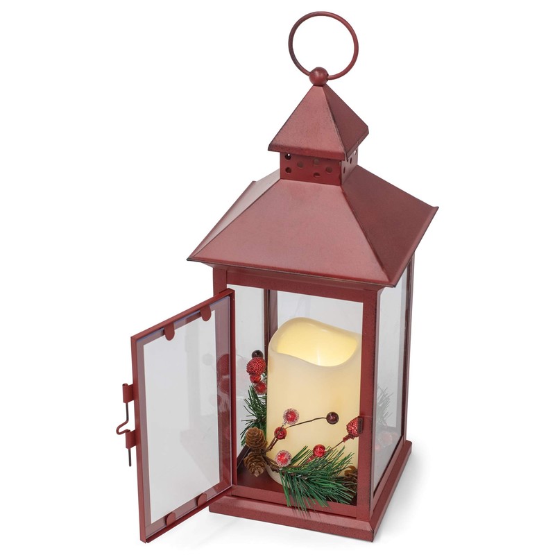 Red Holly Berry and Pine Look Distressed 13.5 Inch Metal