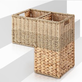 Cinnvoice Stair Basket Wicker Stair Step Basket with Handles for Wooden & Carpeted, Natural Woven Water Hyacinth Staircase Storage Organizer for Home and Office Decoraton