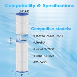 POOLNEAT PA106-PAK4 Pool Filter Replacement for Hayward C4030,C4020,C4025,Unicel C-7488,PA106,FC-1226,CX880XRE,C4020,Ultral-A1,FC-6430,106Sq. ft,4Packs