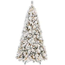 5FT Prelit Flocked Christmas Tree with PVC & Needle Branch Tips, Memory Wire Hinged Pre Lit Xmas Tree with 250 Warm White Lights & Snow, Premium Artificial Christmas Tree with Metal Base for Holiday