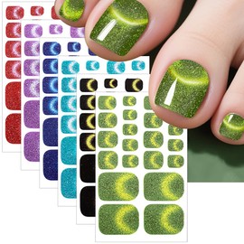 6Sheet/132Pcs Glitter Cat Eye Toe Nail Stickers Full Cover Gel Nail Wraps Strips Toenail Stickers Colorful Stick On Nail Polish Sticker for Toes Sticker Nails Self Adhesive 22Tip Toenail Nails Decals