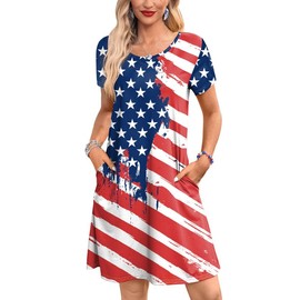 July 4th Womens Red White and Blue Patriotic Short Sleeve USA Flag Independence Mini Dress with Pocket M
