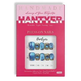 hantyer Uñas Postizas Cuadradas Cortas A Presión, Estilo Barroco, Con Efecto Espejo Azul, Efecto Ojo De Gato, Con Polvo Brillante Y Diseño De Hielo, 10 Unidades Con Kit De Herramientas, Pintadas A Man