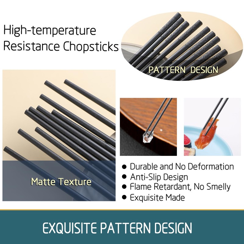 Sbirdbao 5 Pairs Reusable Fiberglass Chopsticks Dishwasher Safe, Japanese Style