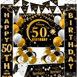 50th Birthday Decorations for Men Women, Black Gold Happy 50th Birthday Backdrop, Birthday Porch Sign Banner, Triangle Flag, Tablecloths, Birthday Balloons 50 Year Old Birthday Party Supplies for Him