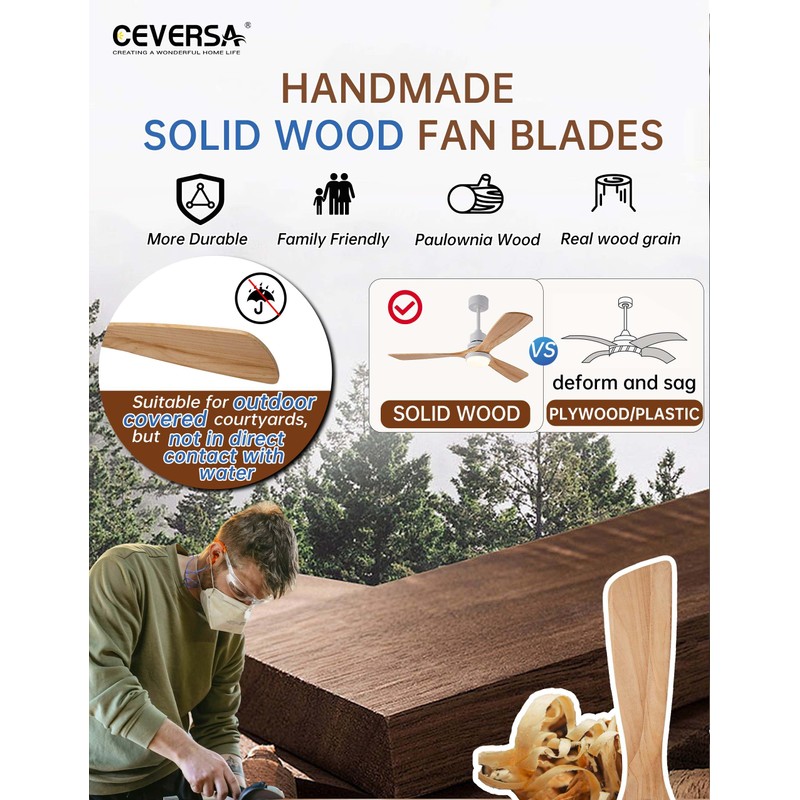 Ceversa 52 Inch Natural Wood Ceiling fans with Lights and