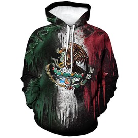 TiwBski Novelty Mexico Flag Print Hoodies Mexican Eagle Graphic Sweatshirt Pullover,Black1,L