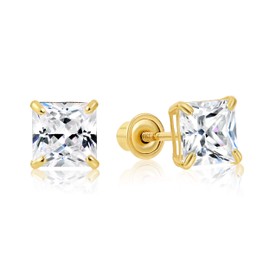 14k Yellow Gold Solitaire Square Princess-cut CZ Stud Earrings with Secure Screw-backs (5mm)…