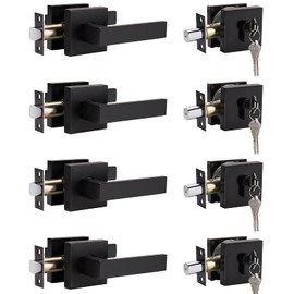 Brotima 4 Pack Keyed Entry Door Lock with Deadbolt Set, Reversible Passage Lever and Keyed Alike Double Cylinder Deadbolt, Matte Black Square Handleset for Bedroom, Front Door
