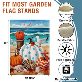 Artofy Fall Beach White Pumpkin Small Decorative Garden Flag, Coastal Autumn Shell Seabirds Yard Lawn Outside Decor, Nautical Thanksgiving Burlap Outdoor Home Decoration Double Sided 12 x 18
