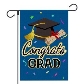 FUYUCHEN Diploma Cap Congrats Grad Garden Flag 12x18 Inch Double Sided Outside Small Burlap Flags, Class Of 2025 Graduation Ceremony Sign Yard Outdoor Decoration (Blue)
