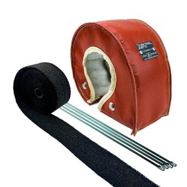 Thermal Zero USA MADE Red T4 Turbo Blanket Heat Insulation Cover Combo Kit includes Black High Temperature Exhaust Down Pipe Wrap Roll (2" wide x 25' long) & Stainless Steel Zip Ties - TZ32258-RBKIT