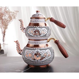 LaModaHome Handmade Copper Turkish Traditional Tea Pot with Wooden Non-Burning Handle and Lid, Tea Kettle Pots Set for Stove Top Decorative Vintage Antique Floral Housewarming Wedding, Home Decor