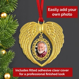 Memorial Photo Christmas Ornament for Loss of Loved One Add Your Own Photo DIY Remembrance Guardian Angel Wings Christmas Tree Ornament with Picture Bright Gold